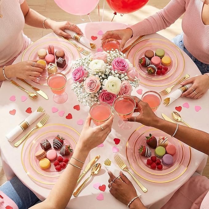 WELLIFE 350Pcs Clear-Pink Plastic Dinnerware- Pink and Gold Plastic Dinnerware include 50 Dinner Plates, 50 Dessert Plates, 150 Gold Silverware, 50 Cups and 50 Napkins Perfect for Parties