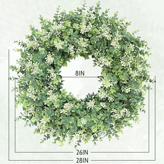 26IN Large Boxwood Wreath for Front Door Green Faux Wreaths Spring Summer Artificial Boxwoods Leaves Door Wreath with White Seeds Greenery Outdoor Indoor Window Porch Wall Home Door Decor All Season
