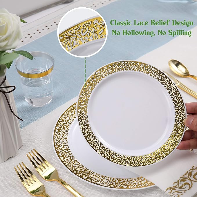 FOCUSLINE 175 Ct Gold Dinnerware Set for 25 Guests, Plastic Plates with Gold Lace Rim Design, Including 25 Disposable Dinner & Dessert Plates, Cups, Napkins, Cutlery Set