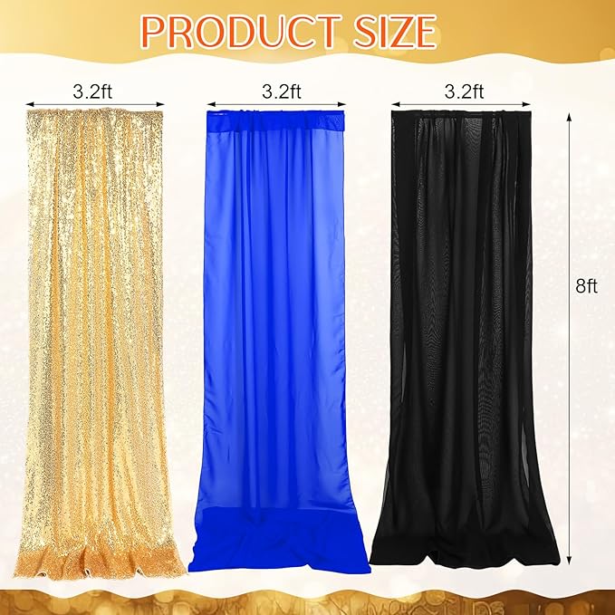 Gold Black Blue 7 Pcs Movie Night Sequin Backdrop Curtains 2ft x 8ft Photo Background Curtain Stage Door Entrance Runner Cover for New Year Movie Night Theme Party Wedding Birthday Decor