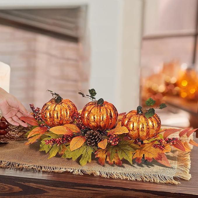 Fall Table Centerpiece with 3 Harvest Pumpkins, Lighted with Timer for Thanksgiving Table Decorations Centerpieces, Autumn Home Decor Battery Operated, 28 Inches