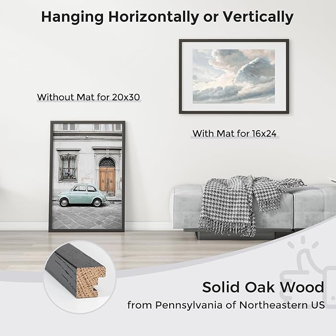 Axeman 20x30 Picture Frame with Mat for 16x24, Solid Oak Wood Poster Frame with Tempered Glass, Wooden 20''x30'' Minimalist Photo Frame with Wall Hooks Puzzle for Art Photo and Prints, Black