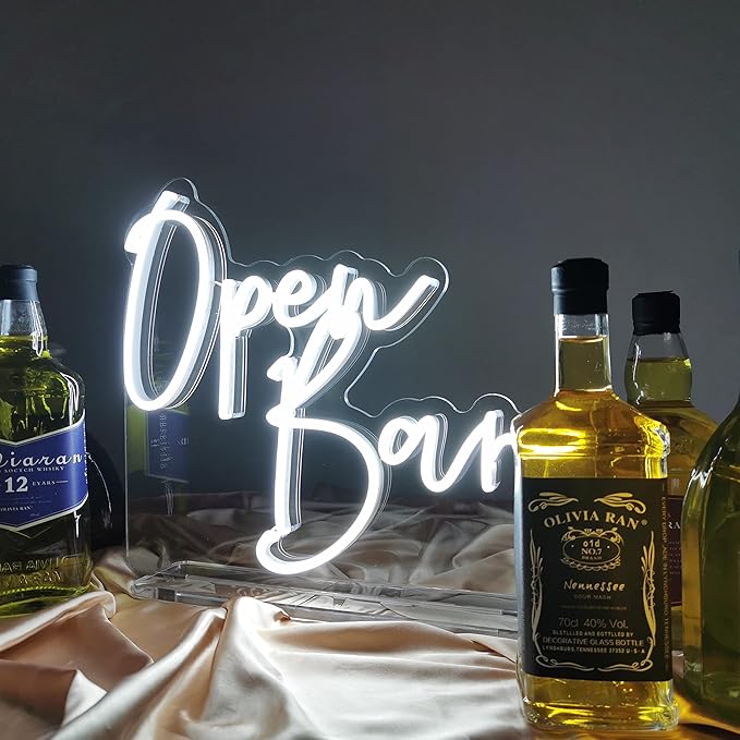 Open Bar Neon Sign Tabletop, Handmade White Wedding LED Neon Light with Stand for Wedding Reception, Engagement Anniversary Event Party Baby Bridal Shower Champagne Home Bar Table Sign - 15''