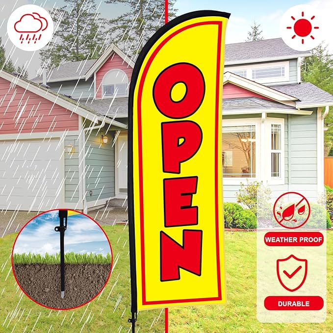 Buryeah 3 Sets Now Open Feather Flag Banner for Business Advertising 7 Feet Tall Grand Opening Feather Flag Sign with Fiberglass Pole Kit Rotating Ground Spike and Portable Bag (Yellow)