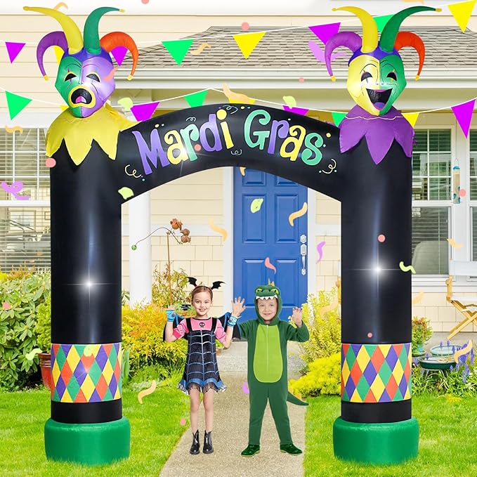 10FT Mardi Gras Inflatable Arch with LED Lights - Halloween Blow Up Outdoor Decoration, Jester Mask Archway for Party/Yard/Garden/Lawn, Built-in Sandbags & Easy Set up
