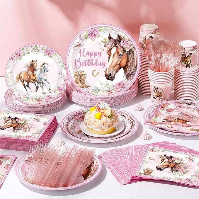 Pickmesh 400 Pcs Horse Birthday Party Supplies Include Pink Western Cowgirl Disposable Paper Plates Napkins Cups Cutlery Cowgirl Birthday Party Decorations for Girls Rodeo Bachelorette Fairy Serve 50