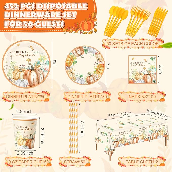 452 Pcs Hello Pumpkin Thanksgiving Fall Party Supplies for 50, Thanksgiving Pumpkins Paper Plates Napkins Cups Tablecloth Cutlery Straws for Autumn Harvest Birthday Baby Shower Decorations