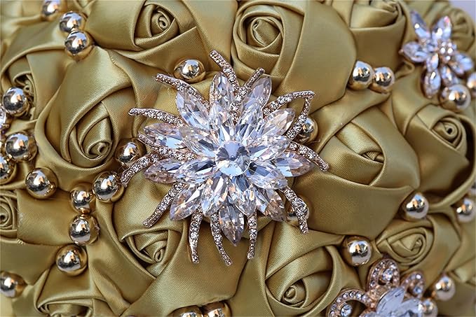 Bridal Wedding Bouquet for Bride Bridesmaid Wedding Quinceanera Throw Toss Artificial Rose Flower Bunch with Bling Brooch (07G#Light Gold, Small (Dia. 7.5"/18cm))
