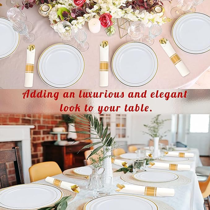 100 Pack Pre Rolled Gold Plastic Silverware Set,Wrapped Plastic Cutlery Set with Napkin Include 100 Forks,100 Spoons,100 Knives and 100 White Napkins for Party, Wedding,showers, Christmas