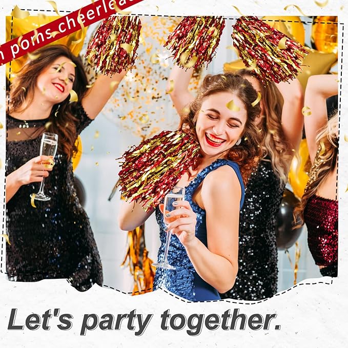 Hanaive 100Pcs Metallic Cheerleading Pom Poms with Baton Handle Cheerleader Pompom Foil 30g Cheering Squad Hand Flowers for Adults Team Spirit Sports Party Cheering