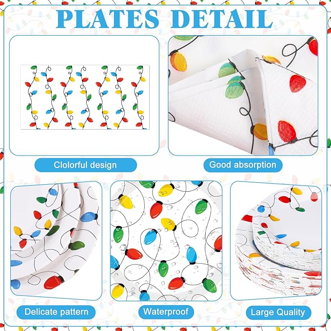 452 Pcs Christmas Party Decorations for 50 Guests, Colorful Christmas Lights Paper Plates Napkins Cups Tablecloth Cutlery Straws Disposable Tableware Set for Xmas Holiday Party Supplies