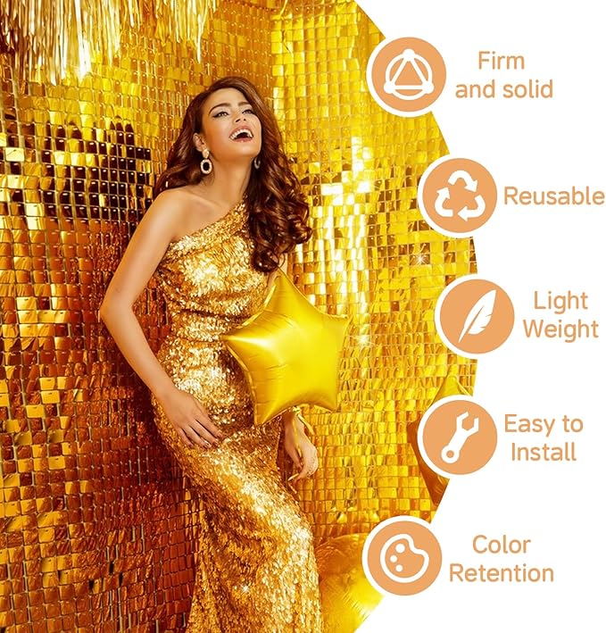 Gold Shimmer Wall Backdrop,Shiny Sequins,24PCS Sequins Backdrop Decoration Panels, Glitter Bling Photo Background Decorations for Birthday Party Wedding Engagement Anniversary Graduation Baby Shower