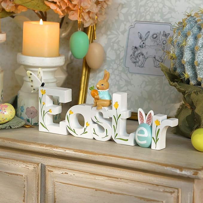 NIKKY HOME Easter Decor for Table, Easter Bunny Sign Table Decor, Cute Rabbit Centerpiece Resin Holiday Decorations for Home Kitchen Spring Decors for Gifts