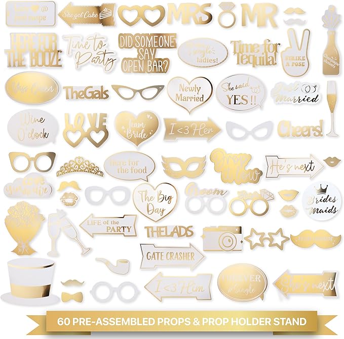 SOUL SHIFT 60PCs Fully Assembled Wedding Photo Booth Props - Prop Stand - Gold Signs - Elegant Wedding & Reception Party Supplies- Funny Wedding Props -Gold Foil Print – Bridal PhotoBooth