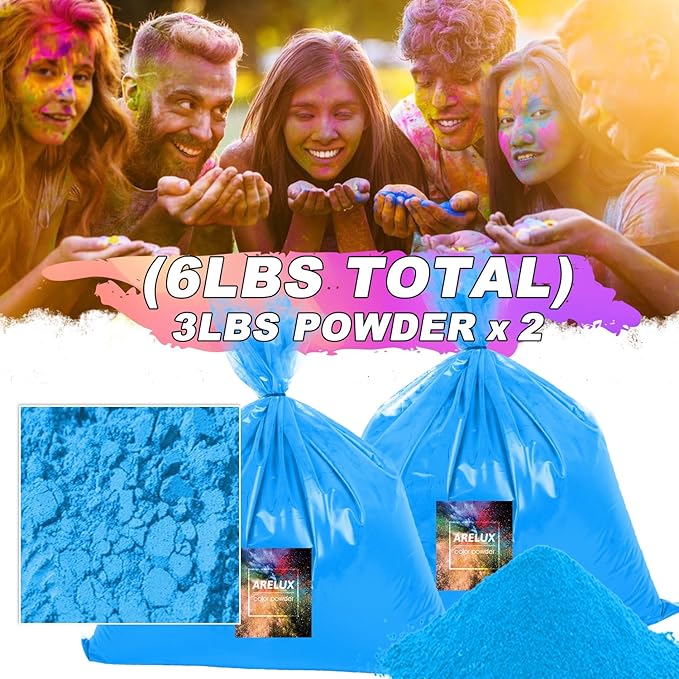 ARELUX Bright Blue Color Powder - 6lbs Bulk (2x3lb) for Color Wars, Powder War & Fun Events | Durable Individual Packets, Vibrant Holi Powder for Gender Reveal, Run, Rangoli, Parties | Non-Toxic