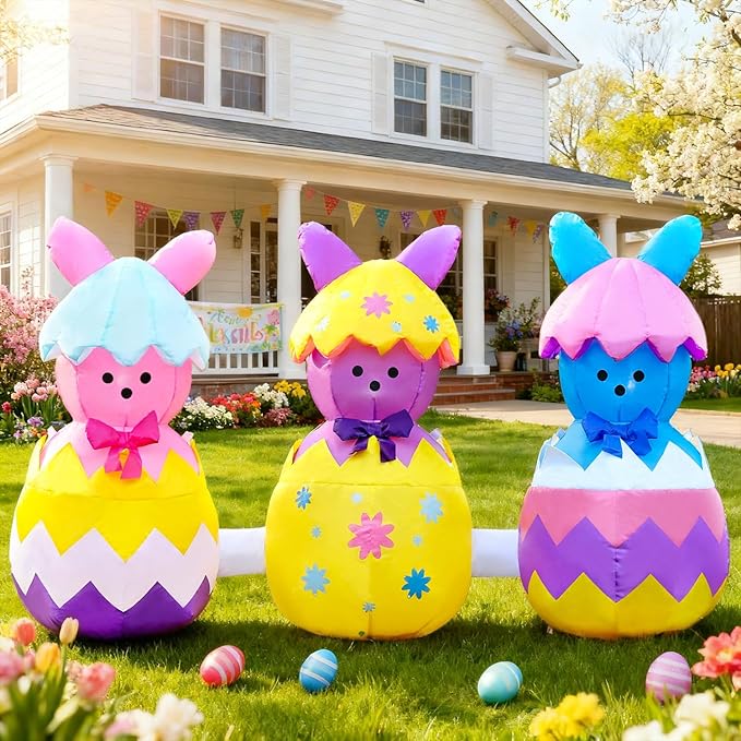 Domkom 6FT Long Easter Inflatable Bunny Outdoor Decorations, Build-in LED Lights Holiday Blow Up Yard Decoration, for Easter&Spring, Outdoor,Garden, Yard Lawn Décor