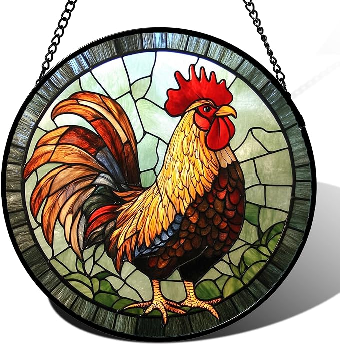 Stained Glass Window Hanging - Rooster Suncatcher for Doors Garden Patio Retro PColored Chicken Sun Catchers Decor Christmas Mother's Day Birthday Gifts for Women Men Mom Nana Friend 9.8 in