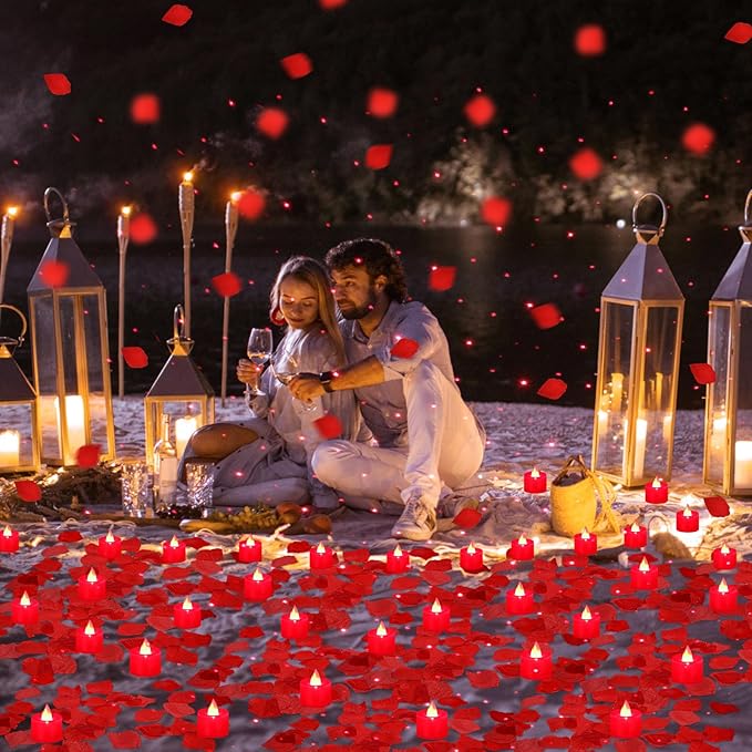 Hanaive 8000 Pcs Artificial Rose Petals with 120 Pcs Flameless LED Tea Light Candles Set Romantic Special Night Decorations for Proposal Anniversary Wedding Valentines Decor(Red)