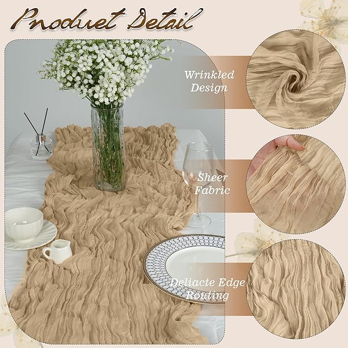 16Packs Champagne Cheesecloth Table Runner – Boho Gauze Vintage Table Decor, 120 Inch Long Rustic Cloth Runner for Wedding, Bridal Shower, Birthday, Romantic Party 10Ft (Champagne, 24" x 120"-16Packs)