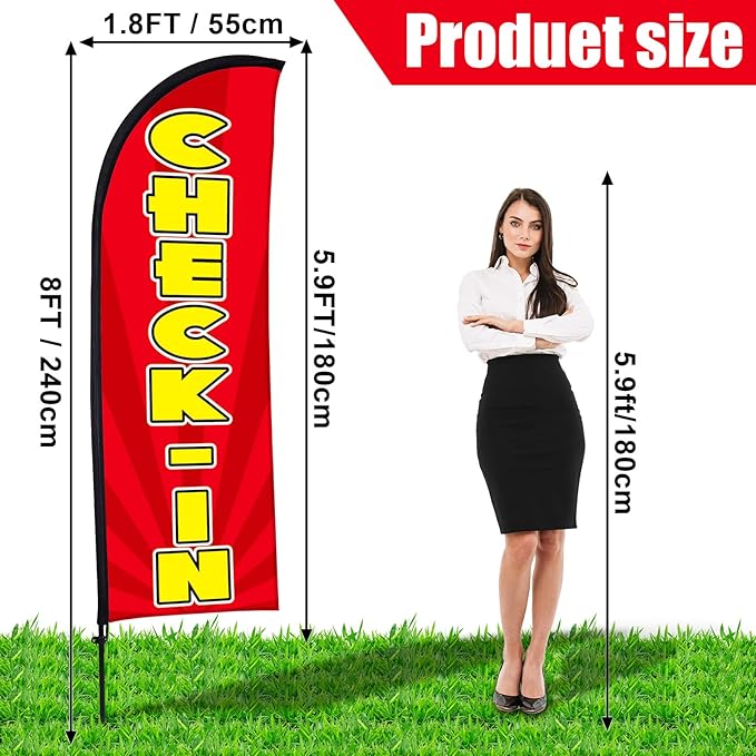 Buryeah 2 Sets Check-in Feather Flag 8 ft Check-in Advertising Banner Swooper Flag with Pole Kit and Ground Stake for Marathons and Special Events Outside, Red