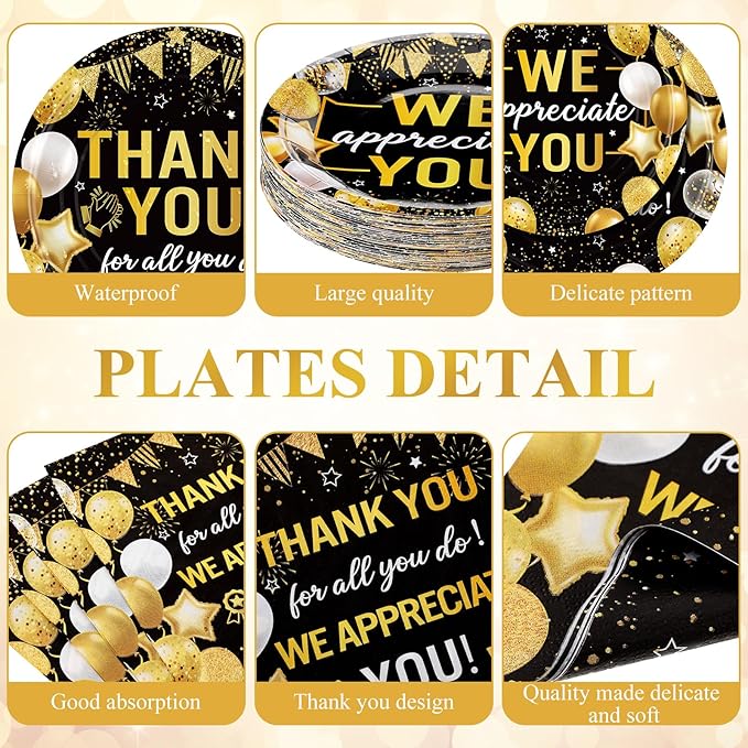 452 Pcs Black Gold We Appreciate You Decorations for 50, Thank You Paper Plates Napkins Cups Tablecloth Cutlery Straws for Employee Housekeeping Week Pastor Appreciation Party Supplies