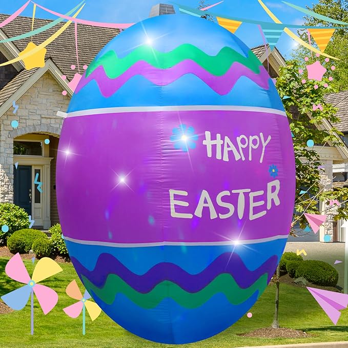 6FT Easter Egg Inflatable Outdoor Yard Decoration Build-in LED Lights,Colorful Large Easter Painted Eggshell Blow up Lighted-up Decorations Holiday Addition for Party,Garden,Lawn,Porch