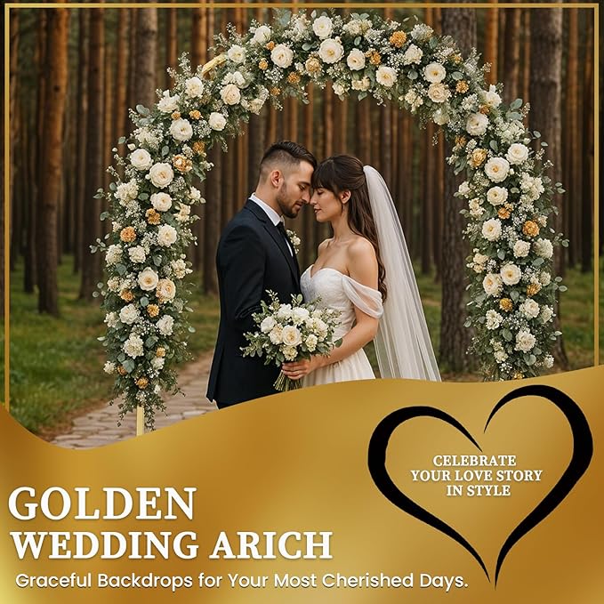 Arch Backdrop Stand – 7.2ft Metal Arch for Backdrop Set with Water Bag Base, Balloon Adhesive, Ribbon, Storage Bag – Strong Stable Gold Arched Frame for Wedding, Baby Shower, Birthday