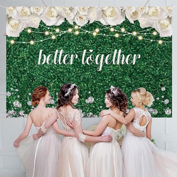 Leyiyi 8x6ft Better Together Photo Backdrop Green Leaves Wall White Floral Light Glitters Diamond Bridal Shower Wedding Party Banner Supplies Background Decor Photoshoot Studio Props Wallpaper