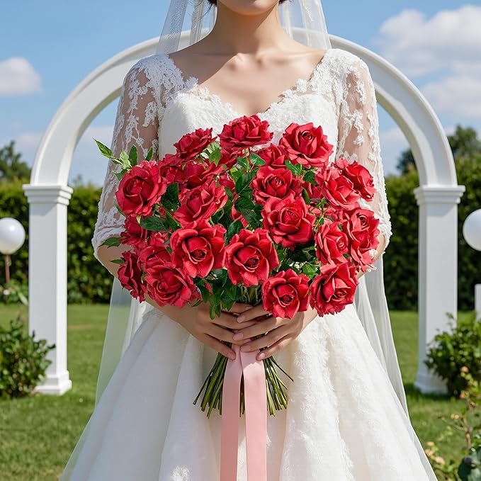 Artificial Flowers Artificial Roses Fake Roses 20PCS Long Stem Artificial Flowers for Tall Vase Silk Rose Suitable for Indoor Wedding Party Decor Valentine's Day DIY Bouquet Spring,Red, 23.2In
