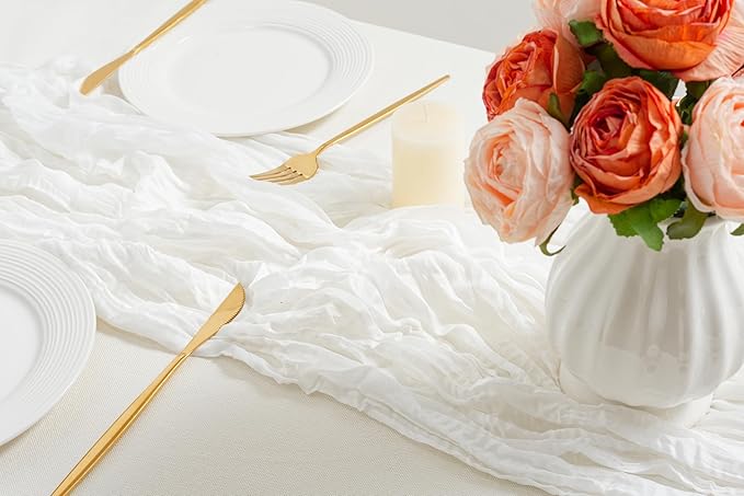 combocube 12 Pack 35x120 Inch 10Ft Cheesecloth Long Table Runner Gauze Rustic Romantic Table Cloth for Wedding Reception Bridal Shower Holiday Birthday Party Table Decorations, White