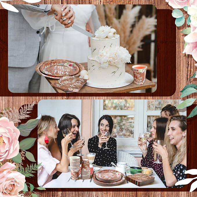 Zhehao 250 Pcs Retro Bridal Shower Plates Napkins Sets 50 Pcs 9'' Dinner Plates and 7'' Dessert Plate and 9oz Cups 100 Napkins Serves 50 Party Supplies Bridal Shower Engagement Decoration