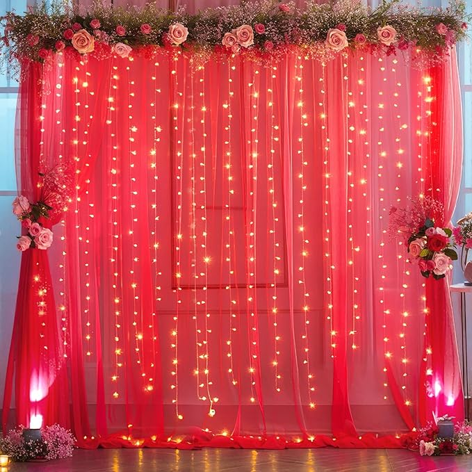 10x10ft Red Tulle Backdrop Curtain with Lights String for Parites, Sheer Photo Backdrop Curtains with Lights for Valentines Wedding Backdrop Ceremony Reception Bridal Baby Shower Birthday Party