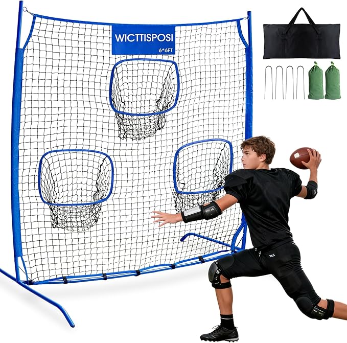 Football Throwing Net, Upgrade Heavy Duty Metal Frame Quarterback Training Equipment Throwing Machine with 1-4 Targets, Easy Setup Football Target Practice with CarryBag, Allweather Indoor Outdoor Use