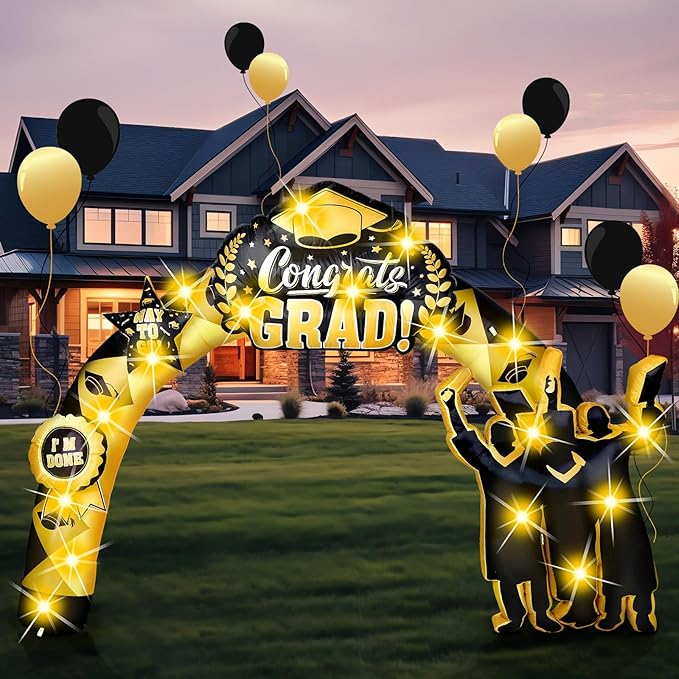 Vihose 7 Ft Tall Graduation Blow Up Arch Decorations Congrats Grad Inflatables Jumbo Black Gold Decorations Cap Gown Diploma LED Lights for Preschool High School College Prom Party Decor