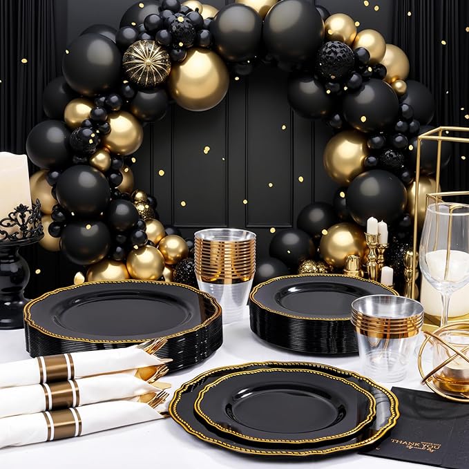 Hioasis 350pcs Black and gold Plastic Plates - Gold Plastic Dinnerware Set Includes 50 Dinner Plates, 50 Dessert Dinnerware, 50 Cups, 50 Rolled Napkin Cutlery Perfect for Wedding & Party