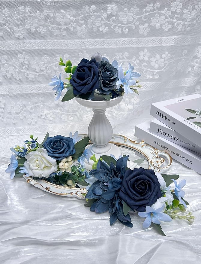 CherishedMoments 3Pcs Cake Topper Set, Wedding Artificial Flowers Decor Blue Cake Topper Decorations for Wedding Ceremony Anniversary, Wedding Home Decor,Fall Vintage Wedding