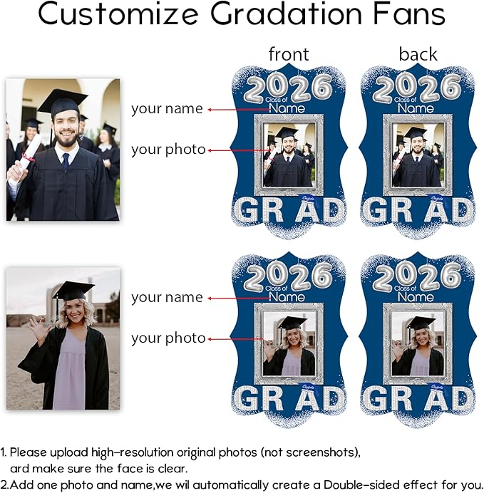 Personalized Graduation Double Sided Face Fan Class of 2026 Customized Graduation Head Face Cutout with Handle Fun Photo Prop Supplies(A-Blue and Silver,24pcs)