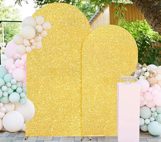 FUHSY Set of 2 Arch Backdrop Cover Gold Wedding Arch Covers 7.2FT, 6FT Chiara Arched Covers Stretchy Backdrops Sparkle Spandex Sequin Backdrop Arches Cover for Balloon Birthday Party Graduation Decor