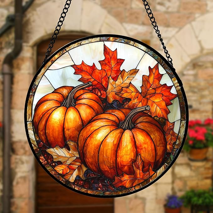 Stained Glass Window Hanging, Pumpkin Maple Leaf Suncatcher for Doors Home Sun Catchers Decoration and Christmas, Mother's Day Birthday Gifts for Women, Men, and Mom 11.8x11.8 in