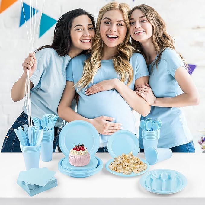 Kochorie 240 Pieces Light Blue Plastic Dinnerware Set Disposable Heavy Duty Plates Napkins Cups Silverware Dessert Dinner Plates for Birthday Wedding Baby Shower Party Supplies, Serves 30 Guests