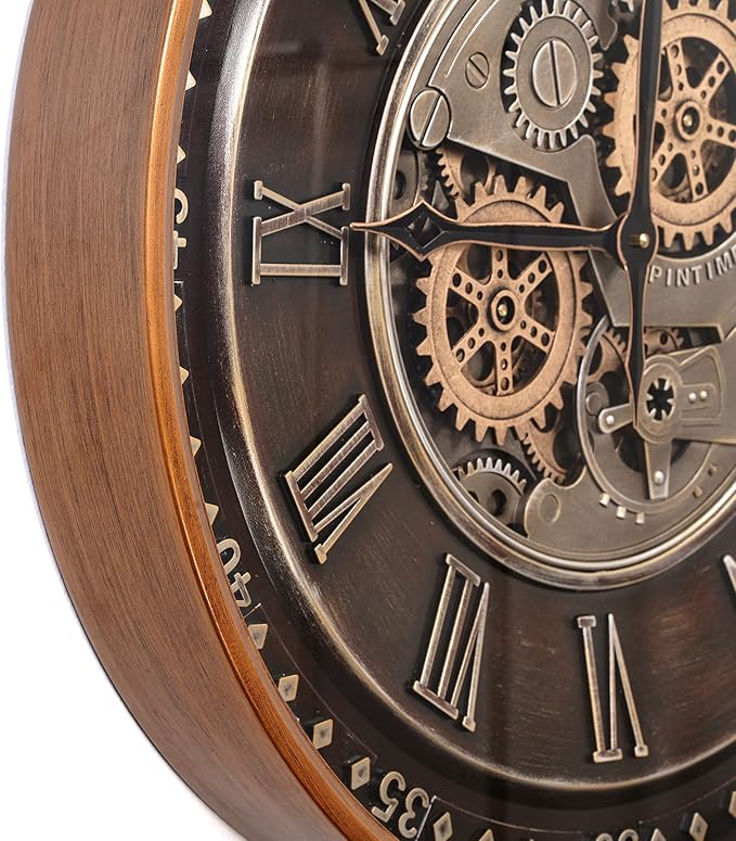 CLXEAST 24 Inch Wall Clock with Moving Gears,Oversized Large Industrial Steampunk Clock, Antique Gold Metal Roman Numeral Wall Clocks for Farmhouse Living Room Decor,Valentines Day Gifts