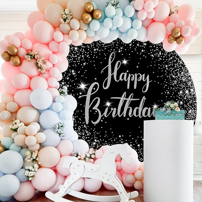 7.2ft Happy Birthday Round Backdrop Cover Black and Silver Birthday Circle Photography Background Glittering Stars Diamonds for Women Man Boys Girls Baby Birthday Party Decoration Photo Props