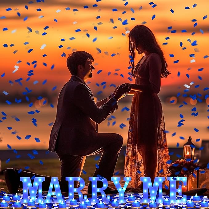 Hortsun Marry Me Light up Letters Proposal Decorations Will You Marry Me Sign Rose Petals 24 LED Candles Romantic Night Light for Proposal Engagement Wedding Anniversary Valentine's Day(Blue)