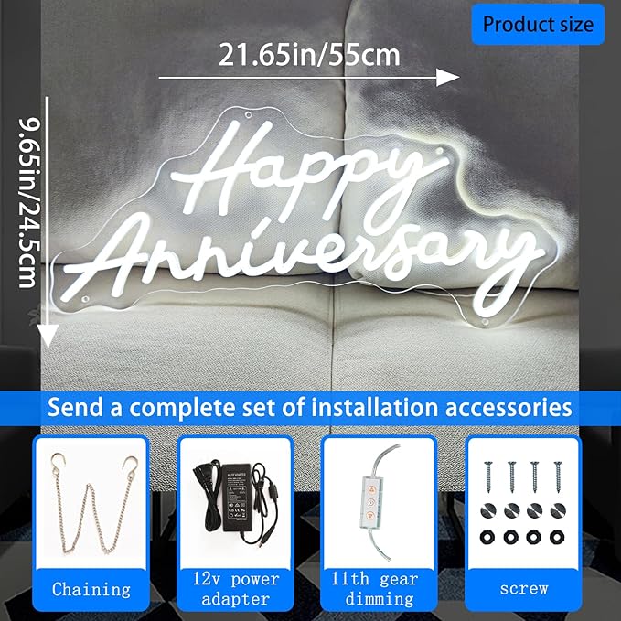 Happy Anniversary Neon Sign,Led Signs, Decoration Neon Lights for Bar Pub Christmas, Restaurant, Bedroom Wall Decor Cute Neon Signs Engagement Birthday Wedding Party,SIGNVIA,Size:55 * 24.5cm