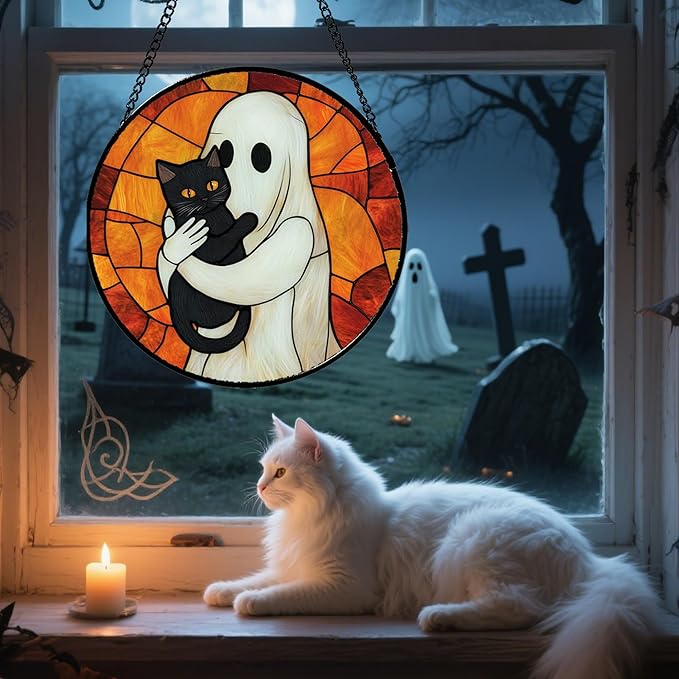 Stained Glass Window Hanging - Halloween Decorations White Ghost Black Cat Suncatcher for Doors Garden Spooky Funny Orange Sun Catchers Gothic Decor Horror Gifts for Women Men Friend 11.8 in
