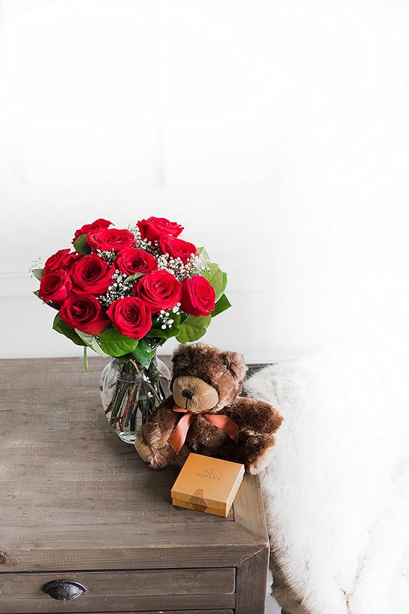 From You Flowers - One Dozen Red Roses & Chocolate & Teddy Bear with Glass Vase | Fresh Flower Bouquets for Birthday, Anniversary, Get Well or Celebration