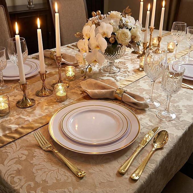 Supernal 400pcs Gold Plastic Dinnerware Set for 50 Guests-Gold Plastic Plates Heavy Duty Disposable Party Plates, 200 Gold Plastic Silverware, Linen Napkins, Clear Cups For Wedding,Birthday