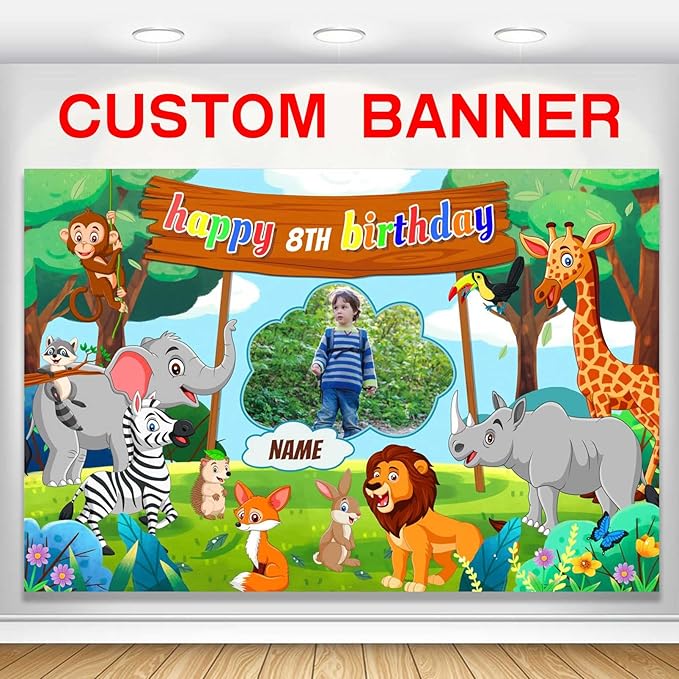 Custom Jungle Safari Happy Birthday Party Decorations Supplies Personalized Jungle Safari Animal Birthday Backdrop Banner(5x7.5ft)
