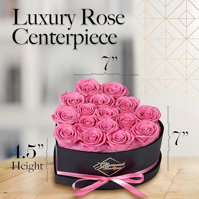 GLAMOUR BOUTIQUE 16 Flower Forever Heart Shape Box, Eternal Preserved Roses Gift for Her, Lasting Flowers, Romantic Floral Keepsake for Birthday, Anniversary or Valentine’s Day, Pink (Color-Treated)