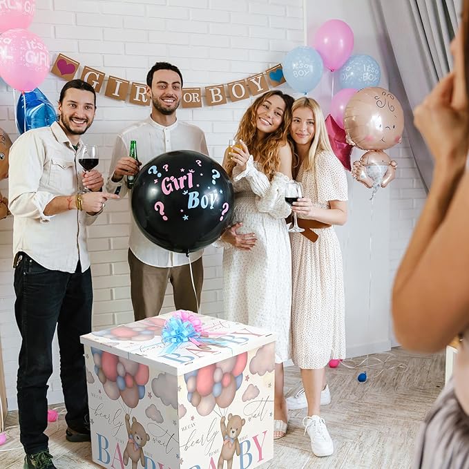 AmazingSpark 28in Jumbo Gender Reveal Gift Box Kit with Oversized Box Giant Pull Bows for Gender Reveal Baby Shower Birthday Party Decor(We Can Bearly Wait)